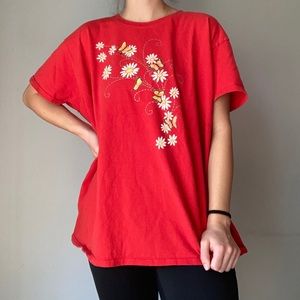 Red Flowers + Butterflies Short Sleeved Tee Shirt